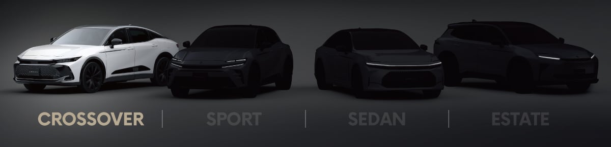 写真はプロトタイプ。左からクロスオーバー（CROSSOVER）、スポーツ（SPORT）、セダン（SEDAN）、エステート（ESTATE）。