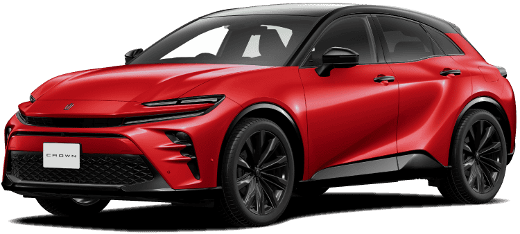クラウン スポーツ Z(2.5L・ハイブリッド)のフロントサイドビュー。ボディカラーはブラック×エモーショナルレッドⅢ(メーカーオプション)。