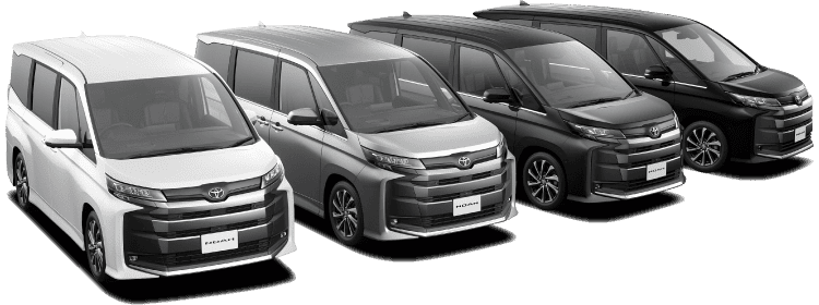 多彩なカラーが揃ったノア S-Z(ハイブリッド・2WD・7人乗り)のラインアップ。左からプラチナホワイトパールマイカ(メーカーオプション)、メタルストリームメタリック、グリッターブラックガラスフレーク(メーカーオプション)、アティチュードブラックマイカ。