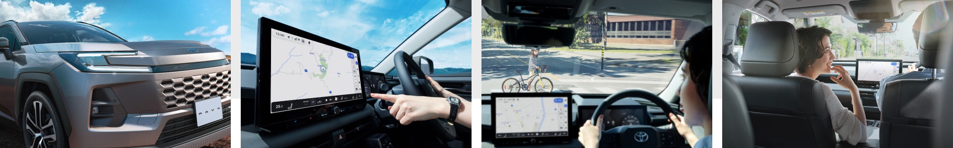 4種類の写真。1.RAV4 Z（ハイブリッド）のフロントビュー。2.ディスプレイオーディオを操作しようとしている様子。3.横断歩道の前で一時停止している様子。4.助手席の女性が運転席の男性に楽しそうに話しかけている様子。