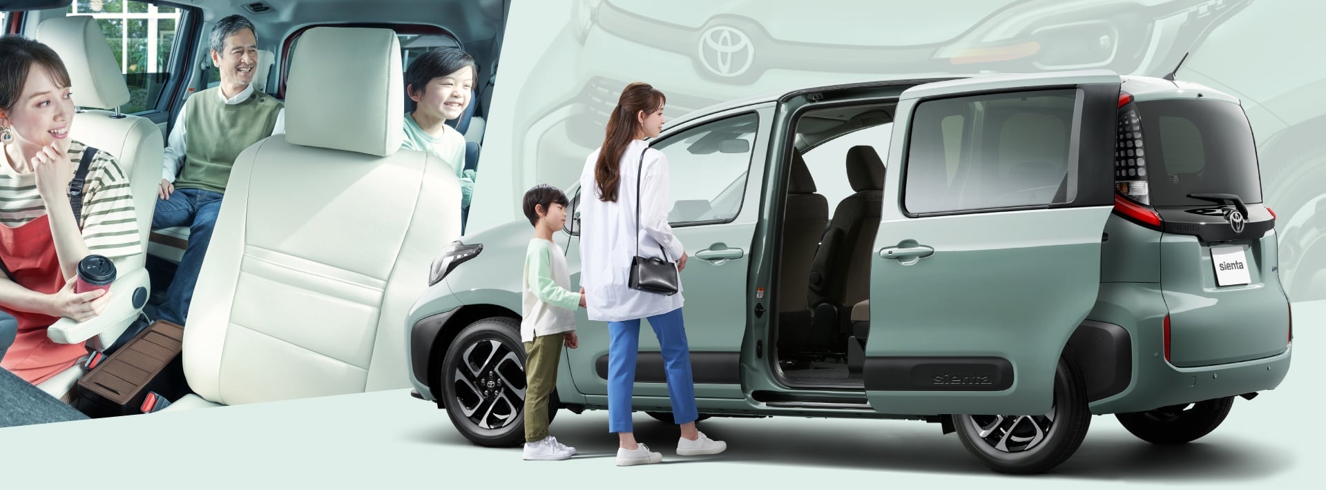 シエンタ Z（ハイブリッド・2WD・7人乗り）のフロントビューと車内の様子。手前は、足先をかざしてハンズフリーデュアルパワースライドドア（挟み込み防止機能付）を作動させている様子。