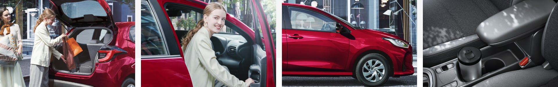 4種類の写真。1.バックドアを開けて荷室（ラゲージルーム）に荷物を積み込む様子。2.運転席から降車する女性の様子。3.ヤリス G（ハイブリッド・2WD）のサイドビュー。ボディカラーはセンシュアルレッドマイカ。4.フロントカップホルダーに収納されたタンブラー。