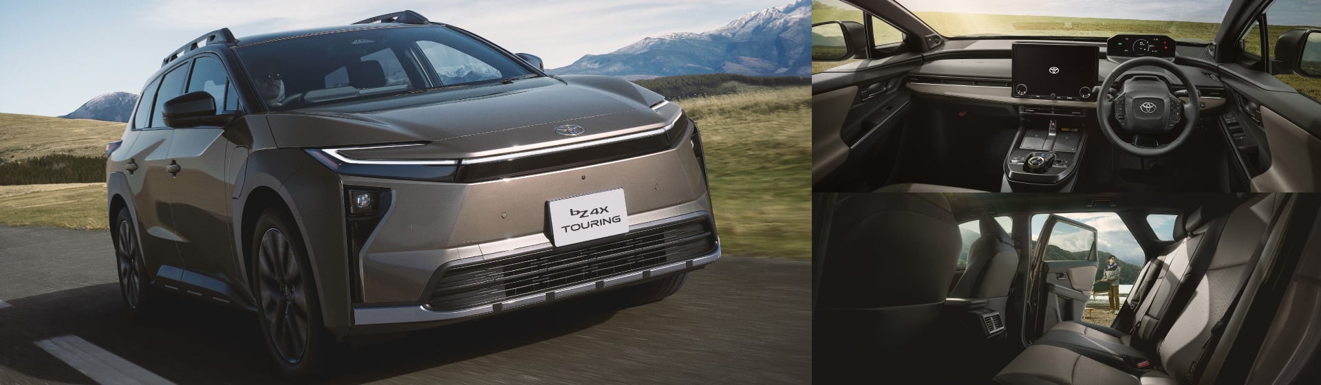 bZ4X Touring Z（4WD）のフロントビューと内装（メインインパネ、リヤシート）