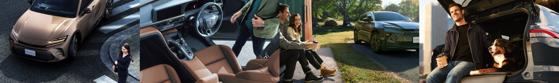4種類の写真。1.都会の街並みを走るSUV。2.高級感のあるメインインパネ。3.キャンプ場での休息。4.愛犬と過ごすラゲージスペース。
