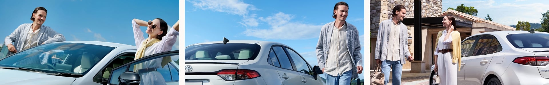 3種類の写真。1.車のドアを開けてくつろぐ女性と微笑む男性。2.車から歩き出す男性。3.建物の前で車を背に談笑する男女。