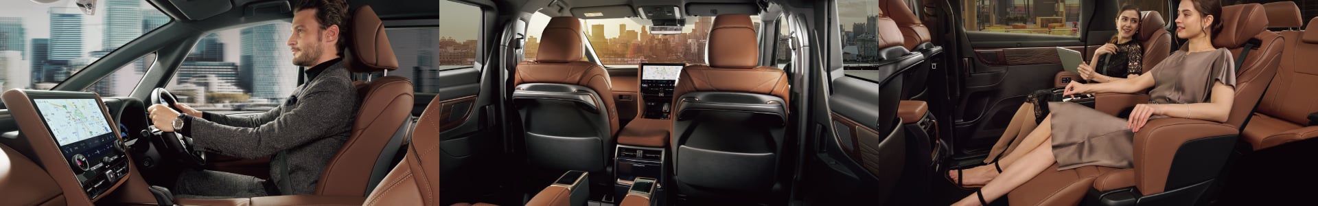 ヴェルファイアの考え抜かれたおもてなし装備の車内インテリア（運転席・コクピット・後部座席の3面構成）