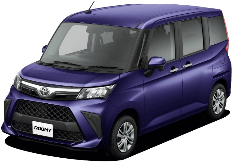 ルーミー G-Tのフロントサイドビュー。ボディカラーはクールバイオレットクリスタルシャイン（メーカーオプション）。